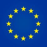 European flag with yellow stars on blue background. Euro logo. Europe emblem. Circle ring of golden stars as symbol europa union. vector
